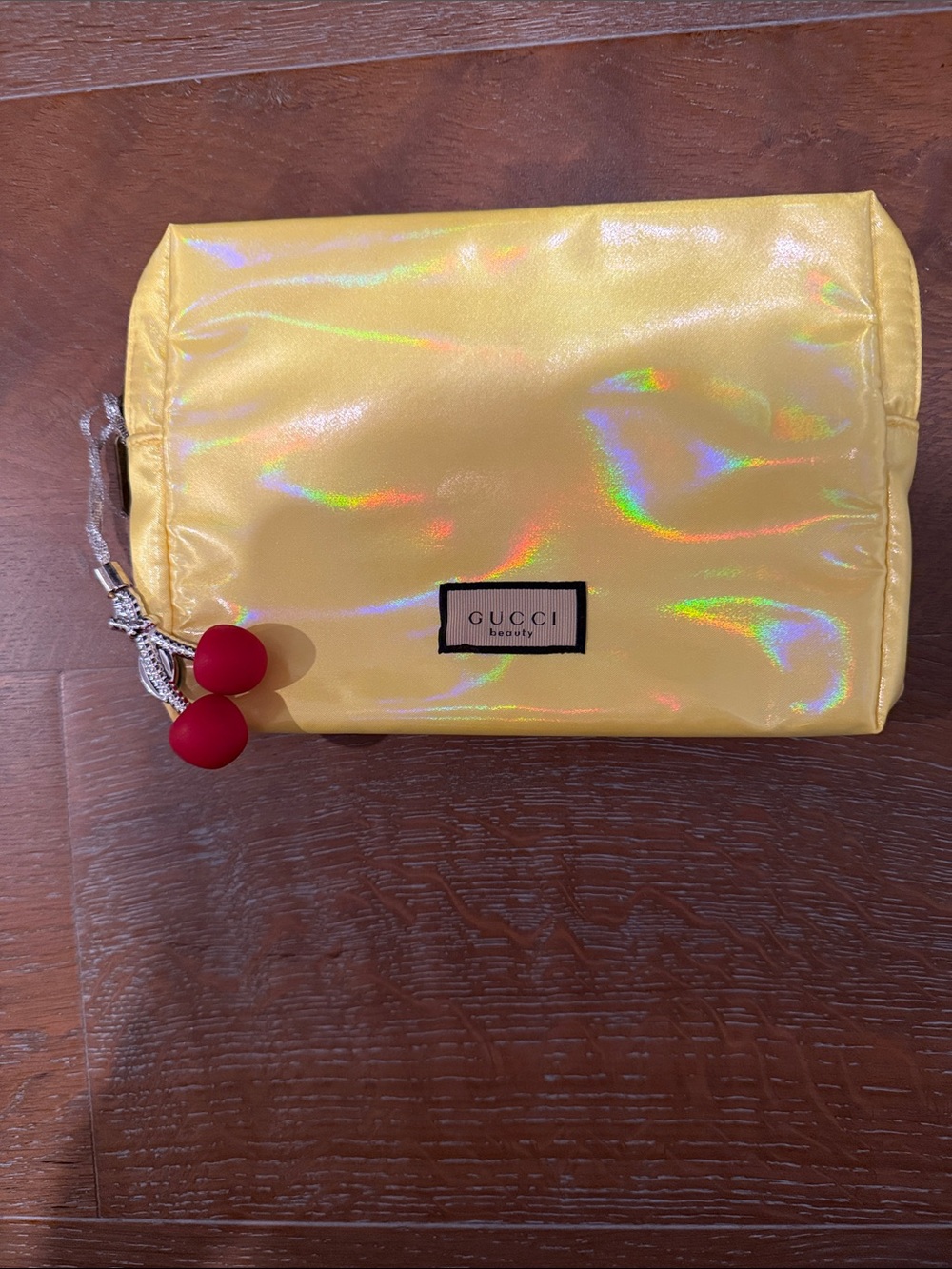 Gucci Yellow Holographic Cosmetic Pouch with Red Zipper Pulls